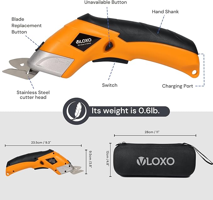 VLOXO Electric Scissors, Cordless Cardboard Cutter Power Fabric Scissors Mini Box Cutter with Blades Rechargeable Multi-Tool for Crafts Leather Cardboard Carpet Plastic Include Case Yellow