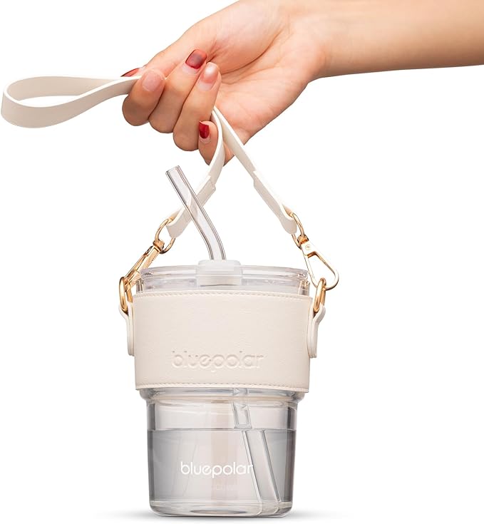 13oz/400ml Glass Water Tumbler with Straw and Lid Sealed Carry On Thick Wall Iced Coffee Cup Glass Cup for Water, Iced Tea Fruit Juice Etc (White with Sleeve and Strap)