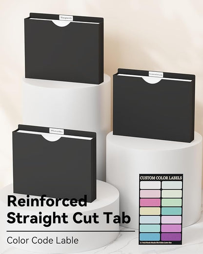 ANSOOK 2 Inch Plastic File Jackets, Manila File Folders Letter Size, Heavy Duty Expanding File Folders, Expansion Pocket, Reinforced Straight Cut Tab, 12 Pack, Black Folders for Office School Home