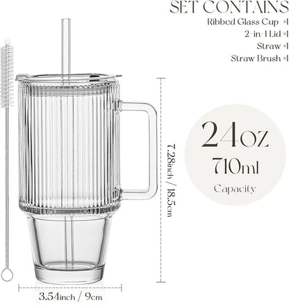 KEMORELA 24 Oz Ribbed Glass Tumblers with Lids and Straws, Tumbler Cup with Handle, Iced Coffee Glassware, Clear Reusable Drinkware for Smoothies and Beverages (1)