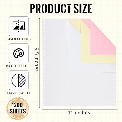 Marspark 3600 Sheets Continuous Carbonless Computer Paper, 9.5 x 11 Inches 3-Part Perforated Copy Paper for Dot Matrix Printer, White/Yellow/Pink, 1200 Sets
