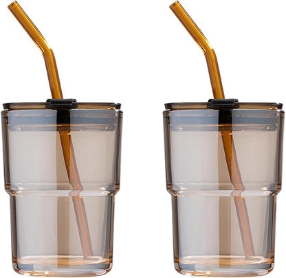 13 oz Tumbler Water Glass, Water Bottle with Straw and Dustproof Lid, Coffee Ice Cup Double Wall Insulated Glass Cup (Amber-2Pack)