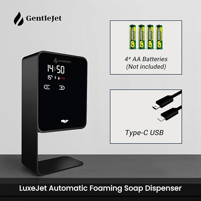 LuxeJet Automatic Foam Soap Dispenser Touchless, USB-C Powered or Battery, Aluminum Alloy Body, Wall Mount or Countertop, Digital Display, Hands-Free Automatic Soap Dispenser Touchless