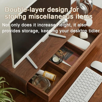 Solid Wood Monitor Stand for Saving Space, Monitor Riser with Storage, 2 Tier Computer Stand with Drawer, Multifunctional Desk Organizer for Home, Office(70cm-27.6in)