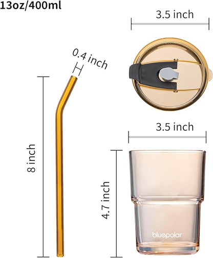 13oz/400ml Glass Water Tumbler with Straw and Lid Sealed Carry On Thick Wall Iced Coffee Cup Glass Cup for Water, Iced Tea Fruit Juice Etc (Amber-2PACK)