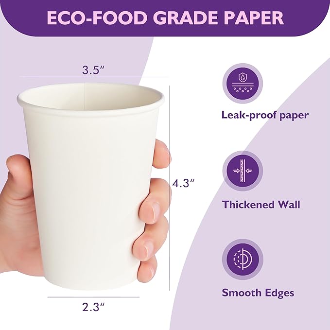 12 oz White Paper Coffee Cups, Disposable Hot Cups for Coffee, Tea, Cocoa, Beverages, 500 Pack