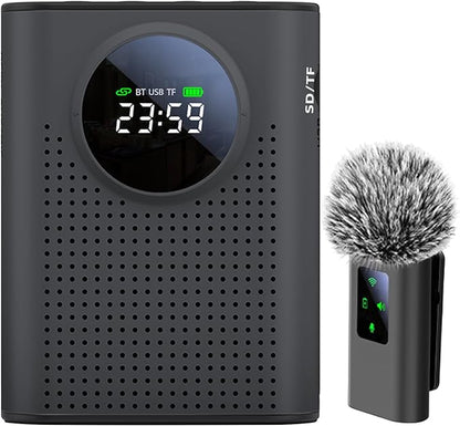 Rechargeable Voice Amplifier Wireless Microphone for Teachers Classroom, Mini Lavalier Lapel Mic Clip Magnetic, Portable Bluetooth Speaker with LED Display for Class, Tour Guide, Coaches, Black