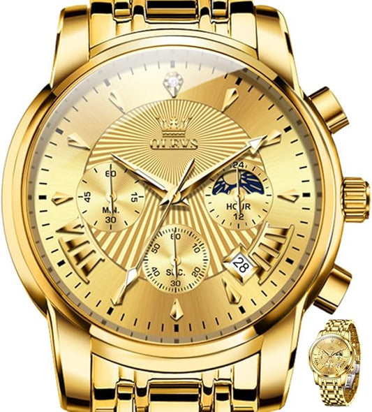 OLEVS Men's Luxury Watch Waterproof Luminous Easy Read Chronograph Watches Full Gold/White Dail/Black Face with Calendar Wristwatch