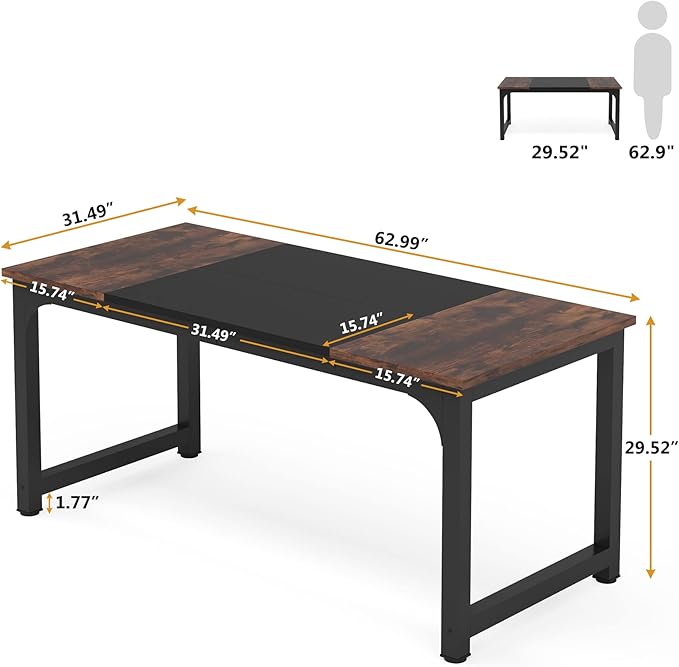 Tribesigns 63” Executive Desk, Large Office Computer Desk with Thicken Frame, Modern Simple Workstation Business Furniture for Home Office, Rustic Brown/Black
