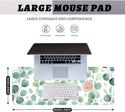 Eucalyptus Leaves Desk Pad Mouse Pad Watercolor Green Botanical Mousepad XL Large Gaming Mouse Pad Laptop Keyboard Mat Desk Pad 31.5"x11.8"