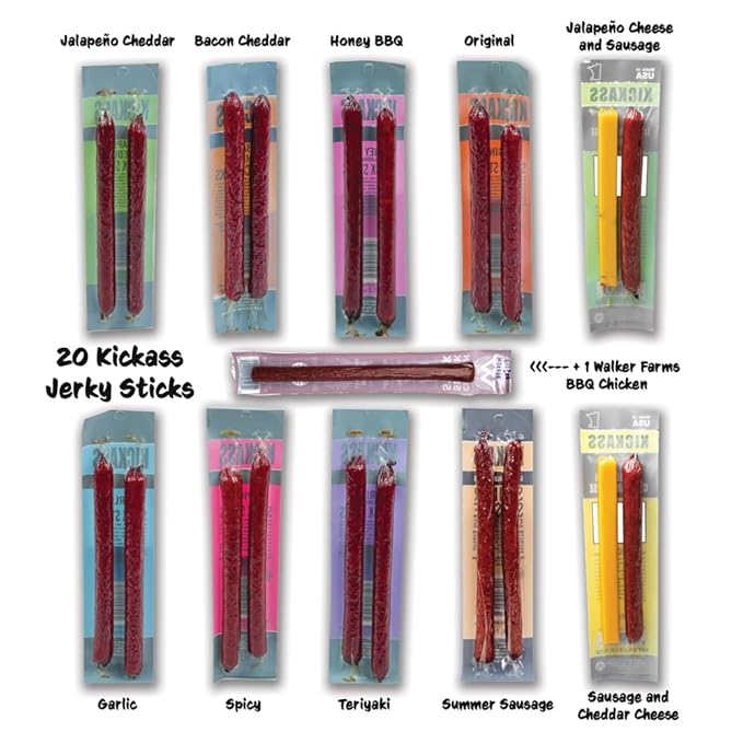 Kickass Beef Jerky Gift Baskets for Men - Mega Snack Pack - 9 Flavors of Meat Sticks - 5 Flavors of Beef Jerky Care Package - Father's Day Gifts for Men - Gluten Free Keto Friendly - 1 Bonus