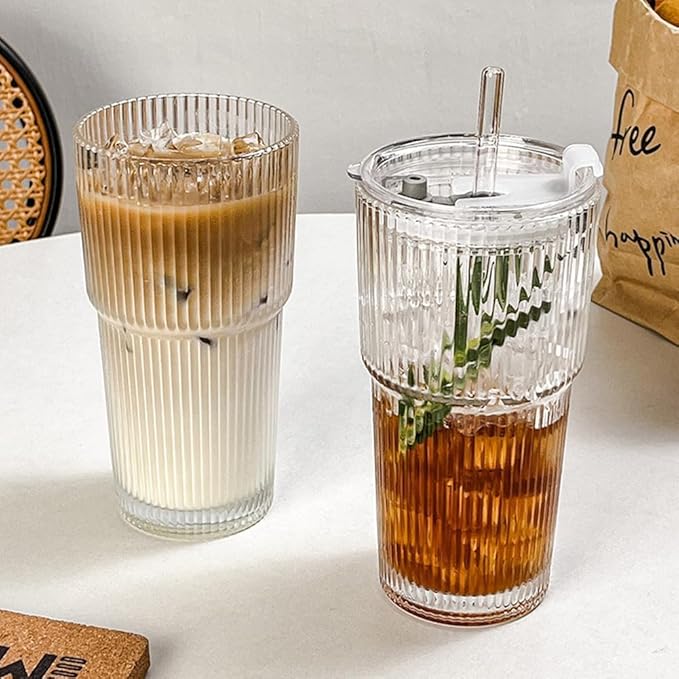 TUZAZO 20 Oz Glass Tumblers with Lids and Straws - 2 Pack Ribbed Glass Iced Coffee Cup with Straw and Lid, Thicken Glasses, Ideal for Smoothieds, Cocktails, and Juices