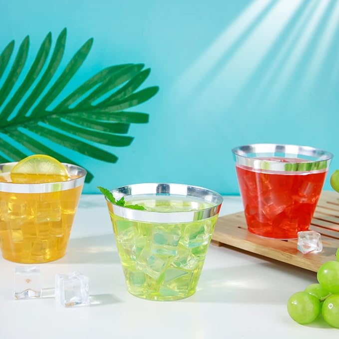 WELLIFE 120PCS Silver Disposable Plastic Cups,9 oz Clear Plastic Cups,Disposable Wine Glasses for Party and Wedding