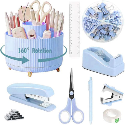 Desk Organizers and Accessories Set with 360-Degree Rotating Pen Holder, Tape Dispenser, Stapler, Staple Remover, 1000 Staples, Tape, Clips Set, Ruler, Scissor, Pen (Blue, 10 Pcs Set)