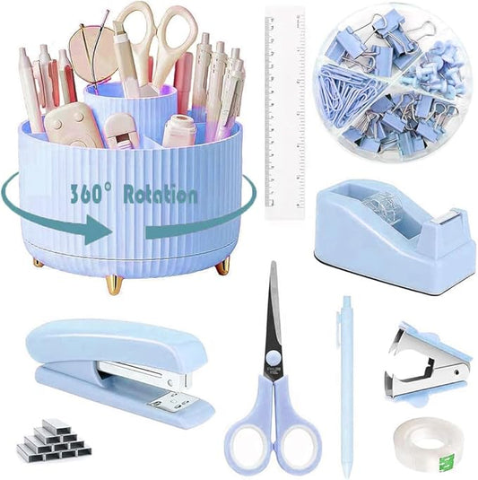 Desk Organizers and Accessories Set with 360-Degree Rotating Pen Holder, Tape Dispenser, Stapler, Staple Remover, 1000 Staples, Tape, Clips Set, Ruler, Scissor, Pen (Blue, 10 Pcs Set)