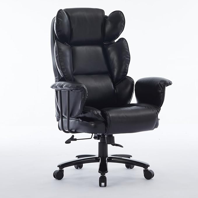 Big and Tall Office Chair 500lbs, Office Chair for Heavy People with Wide Seat and Lumbar Support, Ergonomic High Back Leather Executive Desk Chair with Clamshell Armrests - Black
