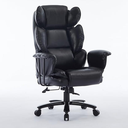 Big and Tall Office Chair 500lbs, Office Chair for Heavy People with Wide Seat and Lumbar Support, Ergonomic High Back Leather Executive Desk Chair with Clamshell Armrests - Black