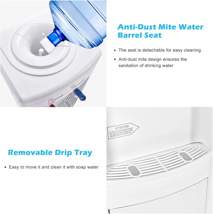 COSTWAY Water Cooler Dispenser for 3-5 Gallon Bottle, Top Loading Hot and Cold Water Dispenser with Storage Cabinet, Child Lock, Water Cooler with Compression Refrigeration Technology, White