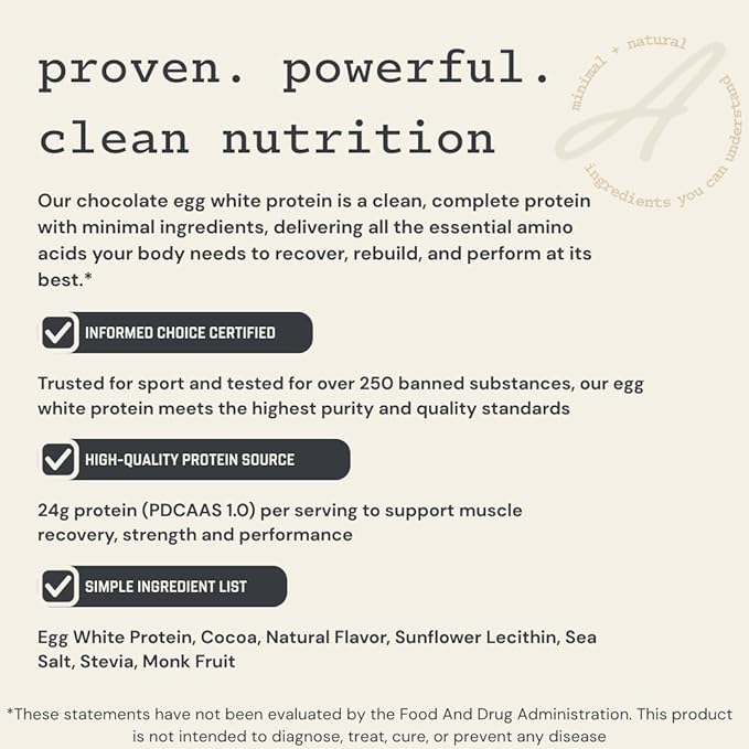 Anea Egg White Protein - Chocolate | 24g Protein | Fat-Free, Cholesterol-Free | 4.9g BCAA | Complete Amino Acid Profile| Dairy-Free, Gluten-Free, Soy-Free | Chocolate Flavor | Made in GMP Facility