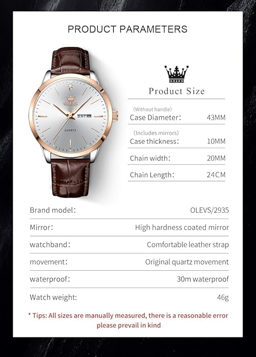 OLEVS Mens Watches Vintage Leather Band Dress Classic Easy Reader Arabic Numerals Analog Quartz Waterproof Date and Day Blue/Black/White Large Face Men's Wrist Watches