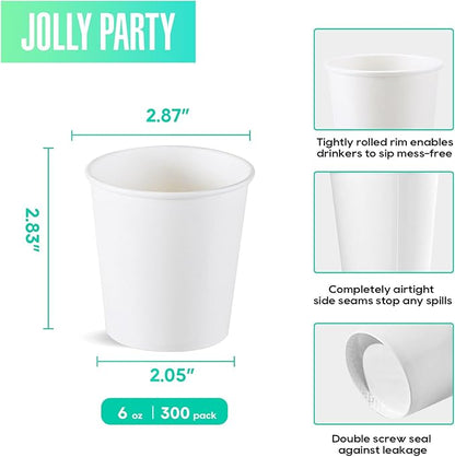 JOLLY PARTY 300 Pack 6 oz Disposable Paper Coffee Cup, Hot/Cold Beverage Drinking Cups for Water, White Paper Hot Coffee Cups
