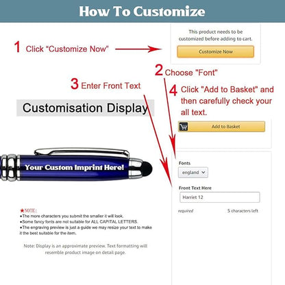 Ancolo Personalized retractable pens with Stylus tip stylish pens - Engraved with Your Name or Message, Phone Number Black ink Perfect for Bank, Office, Hotel Lobbies 10 Pens/Box