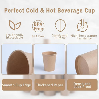 Lamosi 200 Pack 10 oz Kraft Paper Cups, Brown Disposable Paper Coffee Cups, Unbleached Cups for Hot/Cold Beverage Party Home Office