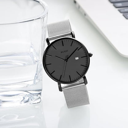 BUREI Men Watches Brown Leather Fashion Minimalist Wrist Watch Simple Ultra Thin Waterproof Quartz Watches All Black Stainless Steel Mesh Band,Gift for Men Women