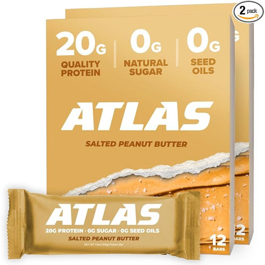 Atlas Bar – 20g Protein, 1g Sugar, 0g Seed Oils, 0g Artificial Sweeteners (Salted Peanut Butter, 24 Count)