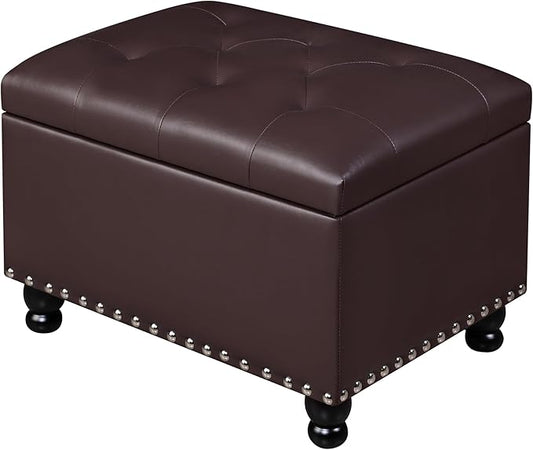 Adeco 23" Faux Leather Storage Ottoman Bench, Dark Brown Rectangular Ottoman Bench