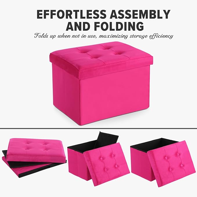 LINMAGCO Storage Ottoman Folding Foot Stool Velvet Foot Rest with Padded Modern Ottoman with Storage for Living Room Puppy Step Stool 17x13x13in(ROSEO)