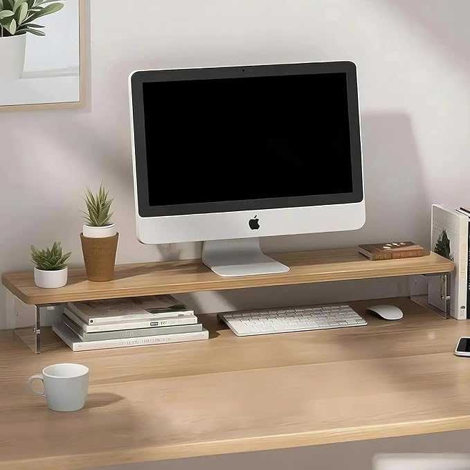 Dual Monitor Stand Riser, Wooden Computer Monitor Stand No Assembly Required Exquisite Monitor Stand for Computer Laptop Printer TV