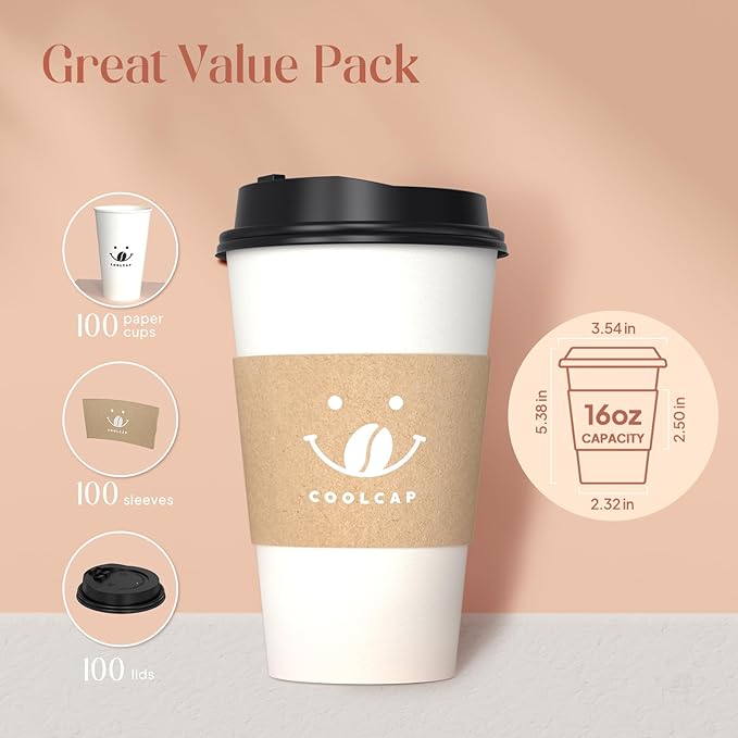 Coffee Cups with Lids and Sleeves, 16 Ounce 100 pack To Go Coffee Cups with Lids, Disposable Hot Coffee Paper Cups Bulk for Hot Beverage (16 Ounce, White)