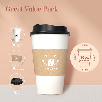 Coffee Cups with Lids and Sleeves, 16 Ounce 100 pack To Go Coffee Cups with Lids, Disposable Hot Coffee Paper Cups Bulk for Hot Beverage (16 Ounce, White)
