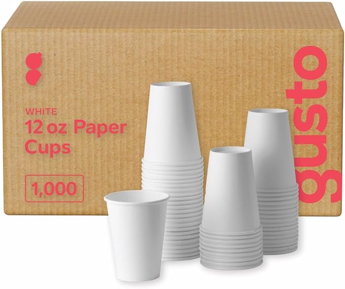 GUSTO [Case of 1,000 12 oz. Disposable White Paper Cups, Hot Coffee Cups - Eco-Friendly Hot Cups (Formerely Comfy Package)