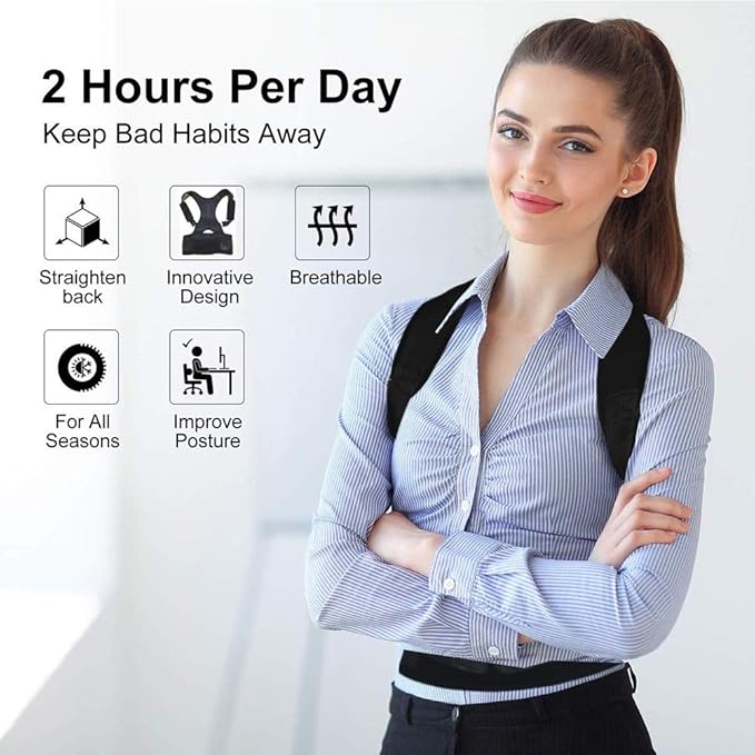 Thoracic Back Brace Posture Corrector - Magnetic Support for Neck Shoulder Upper and Lower Back Pain Relief - Perfect Posture Brace for Cervical Lumbar Spine - Fully Adjustable Belt (Black, X-Large)