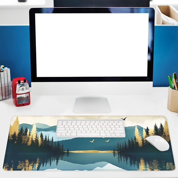 Mountain Forest Desk Pad Mouse Pad Abstract Nature Lake Scenic Mousepad XL Large Gaming Mouse Pad Laptop Keyboard Mat Desk Pad 31.5"x11.8"