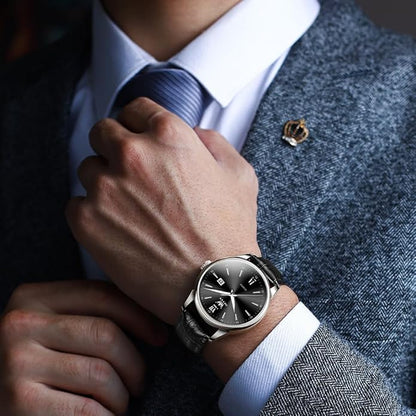 OLEVS Mens Watches Vintage Leather Band Dress Classic Easy Reader Arabic Numerals Analog Quartz Waterproof Date and Day Blue/Black/White Large Face Men's Wrist Watches