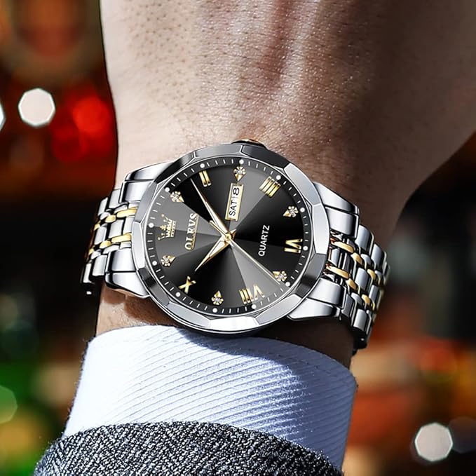 OLEVS Watches for Men Diamond Business Dress Analog Quartz Stainless Steel Date Luxury Casual Fashion Wrist Watch Waterproof Luminous