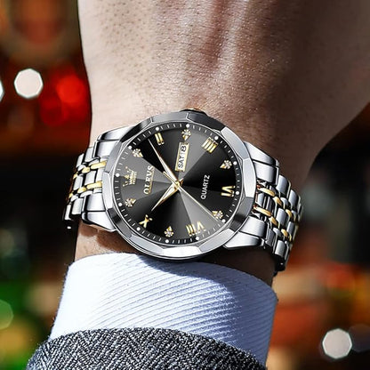 OLEVS Watches for Men Diamond Business Dress Analog Quartz Stainless Steel Date Luxury Casual Fashion Wrist Watch Waterproof Luminous