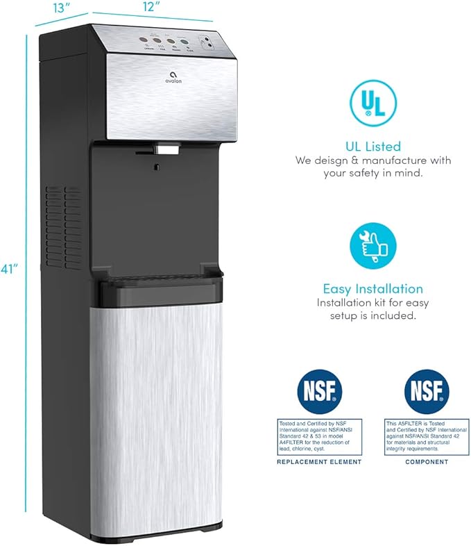 Avalon Hand-Free Touchless Electric Bottleless Water Cooler Dispenser with BioGuard- 3 Temperatures, Digital Clock with Temperature Control, Self Cleaning, Anti-Microbial Coating, Stainless Steel