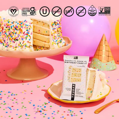 TRUBAR Vegan Protein Bar, Shake it Bake it Birthday Cake it, Gluten Free, Plant Based Protein, Dairy Free, Non GMO, Soy Free, No Sugar Alcohols, 12G Protein, 12G Fiber, 23G Carb, On the Go Snack Bars, 12 ct