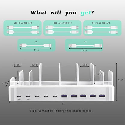 420W Charging Station for Multiple Devices, Zobirez 10-Port USB C Fast Charger Stations for MacBook, iPhone, Android Cell Phone, iPad, Tablet, Family Multi-Device Organizer Charging Dock, White