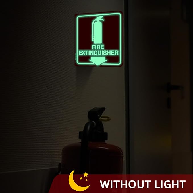 T&R Fire Extinguisher Sign, Fire Extinguisher with Down Arrow - 4 Pack - 6 x 6 Inches Glow-In-The-Dark Acrylic, 2 pre-drilled holes, Includes Matching Screws, Use for Home Office/Business