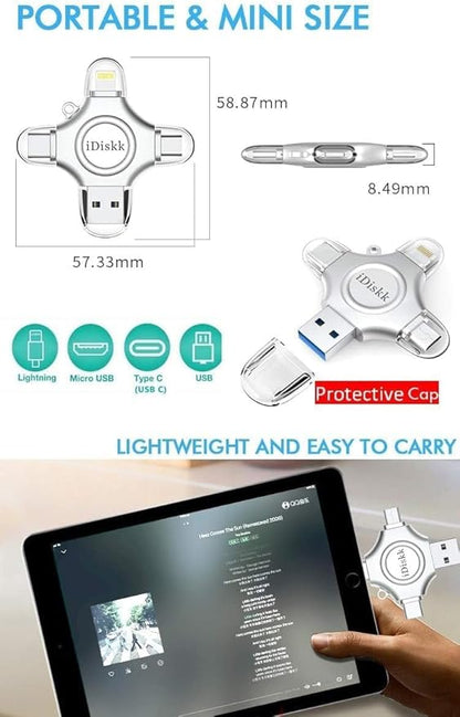 MFi Certified iDiskk 128GB Flash Drive for iPhone 17 16 iPad USB 3.0 Lightning Drive 4 in 1 Multi Functional External Storage for iOS and Android Samsung Phones Type c Devices and MacBook Photo Drive