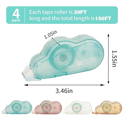 Scrapbook Tape,4 Pack Double Sided Glue Tape Roller for Crafts,39 FT x 0.23 in Tape Runner,Junk Journaling and Scrapbooking Supplies,Gift Wrapping and Photo Tape.