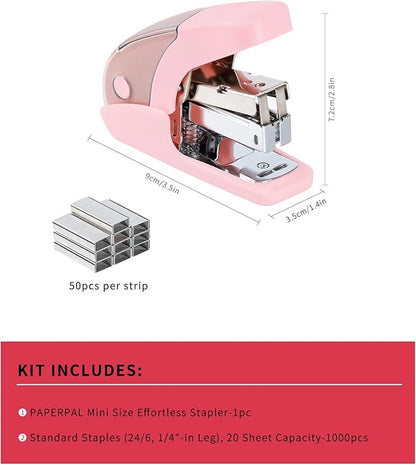 PAPERPAL Effortless Mini Stapler Set, 20 Sheet Capacity, Integrated Remover & Staple Storage, Holds 1/4" Staples, Includes 1000 Staples, Lightweight, Office, School & Daily Use, Pink