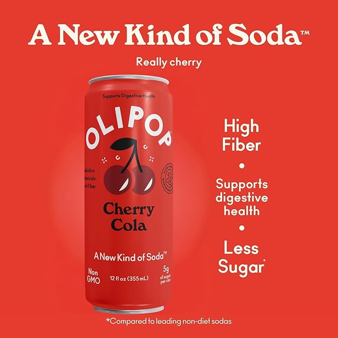 OLIPOP Prebiotic Soda Pop, Cherry Cola, Pantry Pack Packed with Prebiotics, Fiber, and Botanicals, Gluten Free, Vegan, GMO Free, 12oz Skinny (12-Cans)