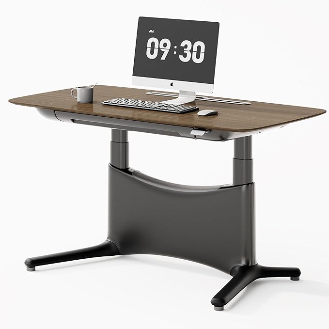 COLAMY Electric Standing Desk, Whole-Piece Gaming Desk with Dual Motors, Ergonomic Footrest, Drawers for Storage, Adjustable Height Sit-Stand Desk for Home Office (Veneer Desktop, Walnut + Black)