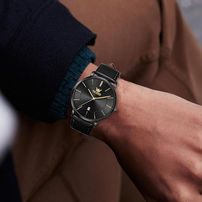 OLEVS Mens Watches Mens Leather Watch Ultra Thin Watches for Men Minimalist Watch with Leather Band Quartz Analog Dress Casual Simple Lightweight relojes para Hombres